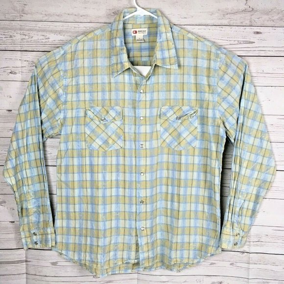 BKE 67 Mens Button Up Shirt Long Sleeve XL Blue Yellow Pearl Snap Buttons Buckle - Picture 1 of 7